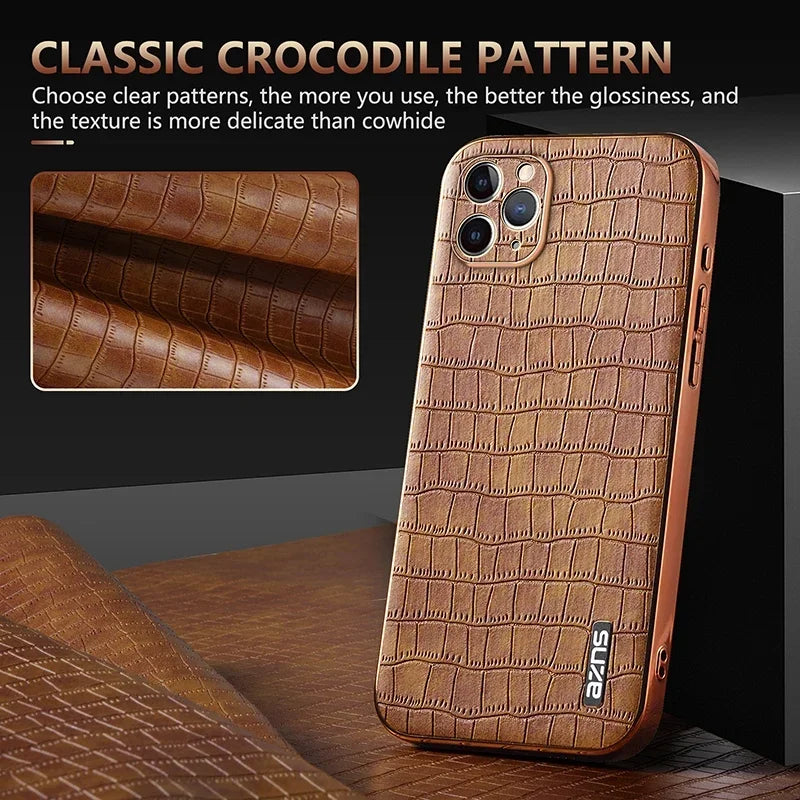 Luxurious crocodile print leather iPhone case, crafted for a sleek and sophisticated look with durable protection.