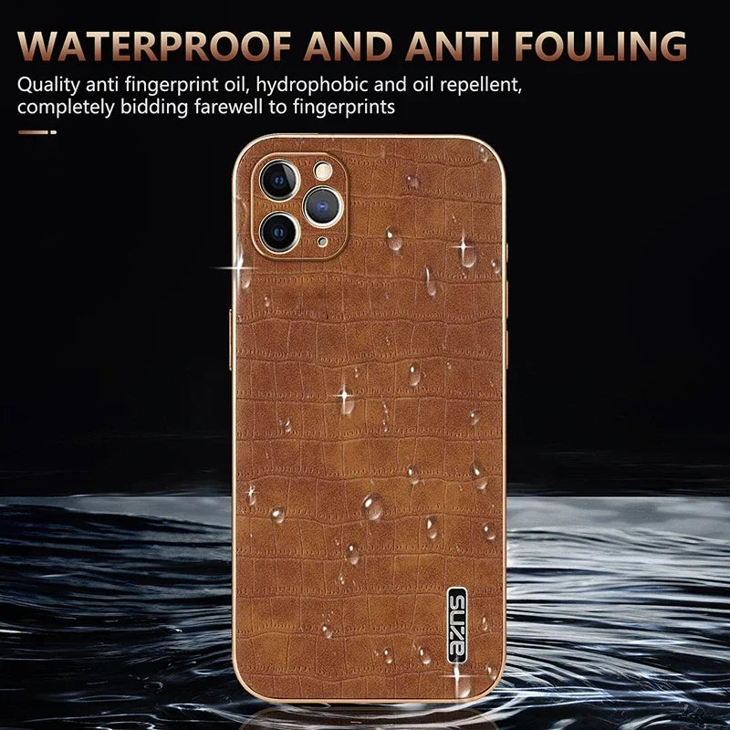 Luxurious crocodile print leather iPhone case, crafted for a sleek and sophisticated look with durable protection.