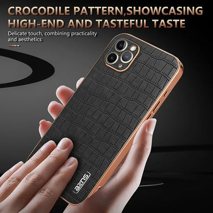 Luxurious crocodile print leather iPhone case, crafted for a sleek and sophisticated look with durable protection.