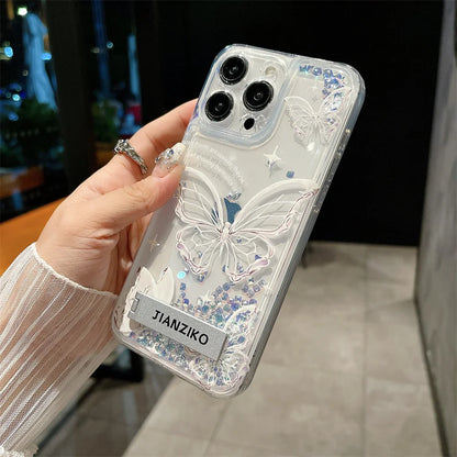 Flowing Sand Diamond Butterfly Clear Case for iPhone 11-15 Pro Max – Stylish and Protective Quicksand Cover with Shiny Glitter, Elegant Butterfly Design, Built-in Invisible Metal Bracket, Shockproof and Scratch-Resistant for Ultimate Durability and Luxury.