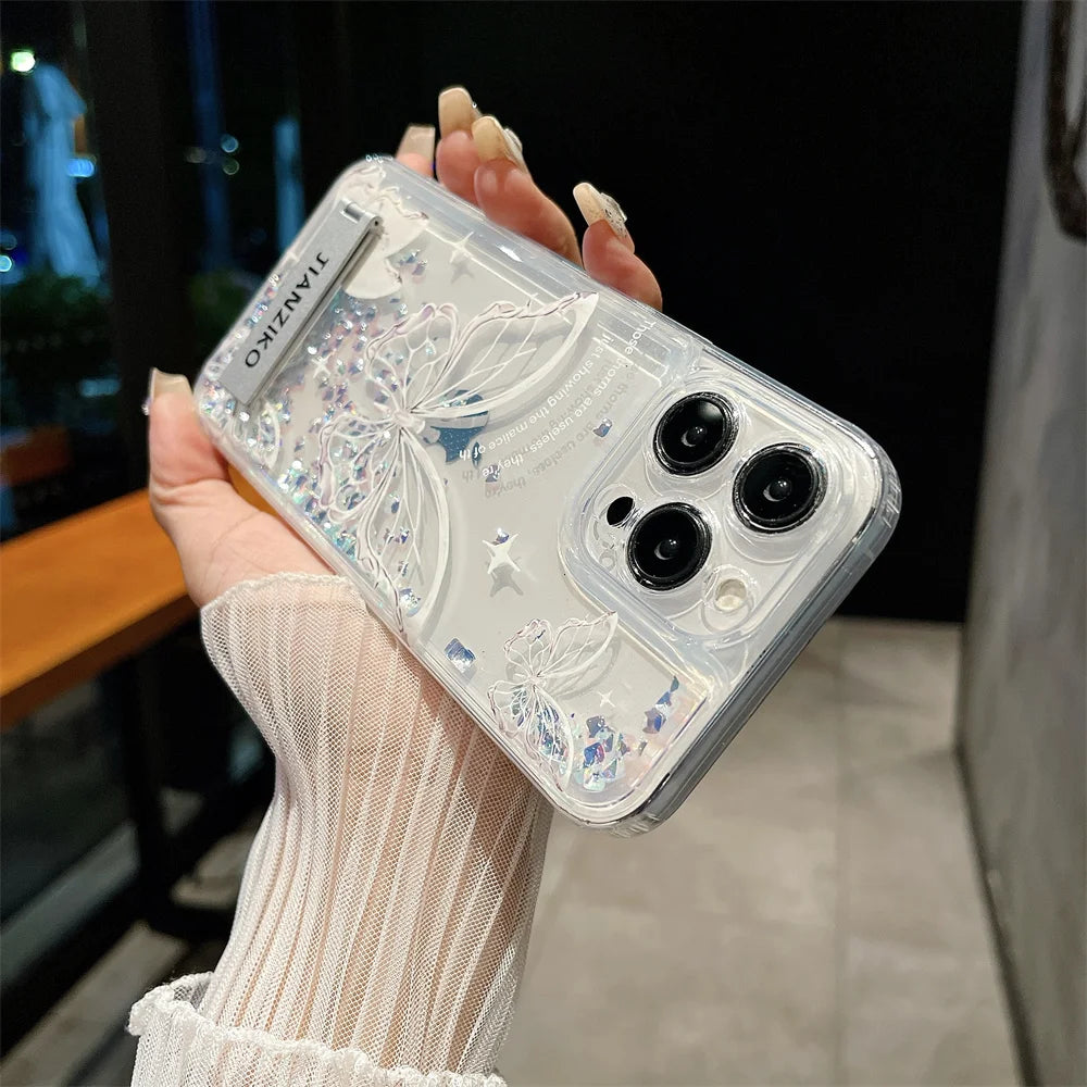 Flowing Sand Diamond Butterfly Clear Case for iPhone 11-15 Pro Max – Stylish and Protective Quicksand Cover with Shiny Glitter, Elegant Butterfly Design, Built-in Invisible Metal Bracket, Shockproof and Scratch-Resistant for Ultimate Durability and Luxury.