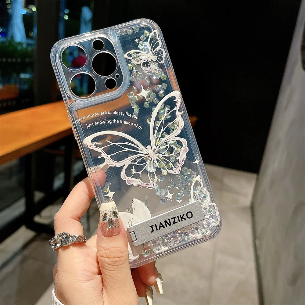 Flowing Sand Diamond Butterfly Clear Case for iPhone 11-15 Pro Max – Stylish and Protective Quicksand Cover with Shiny Glitter, Elegant Butterfly Design, Built-in Invisible Metal Bracket, Shockproof and Scratch-Resistant for Ultimate Durability and Luxury.