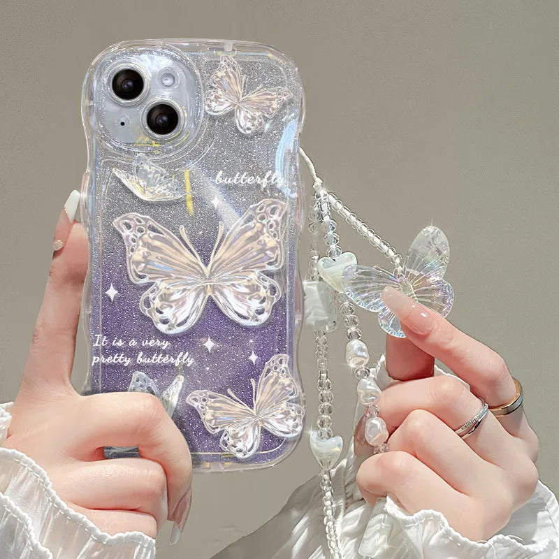 Luxury Butterfly Glitter Clear iPhone Case with Lanyard - Elegant clear case featuring sparkling glitter and a butterfly design, complete with a convenient lanyard for easy carrying and stylish protection.