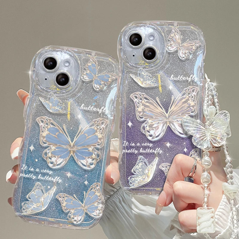 Luxury Butterfly Glitter Clear iPhone Case with Lanyard - Elegant clear case featuring sparkling glitter and a butterfly design, complete with a convenient lanyard for easy carrying and stylish protection.