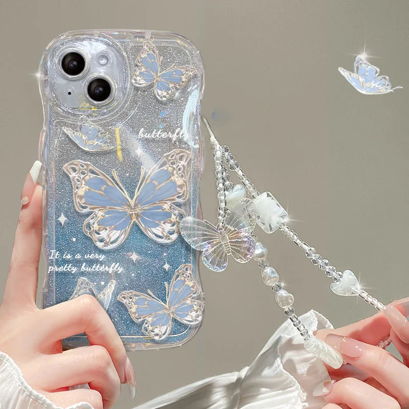 Luxury Butterfly Glitter Clear iPhone Case with Lanyard - Elegant clear case featuring sparkling glitter and a butterfly design, complete with a convenient lanyard for easy carrying and stylish protection.