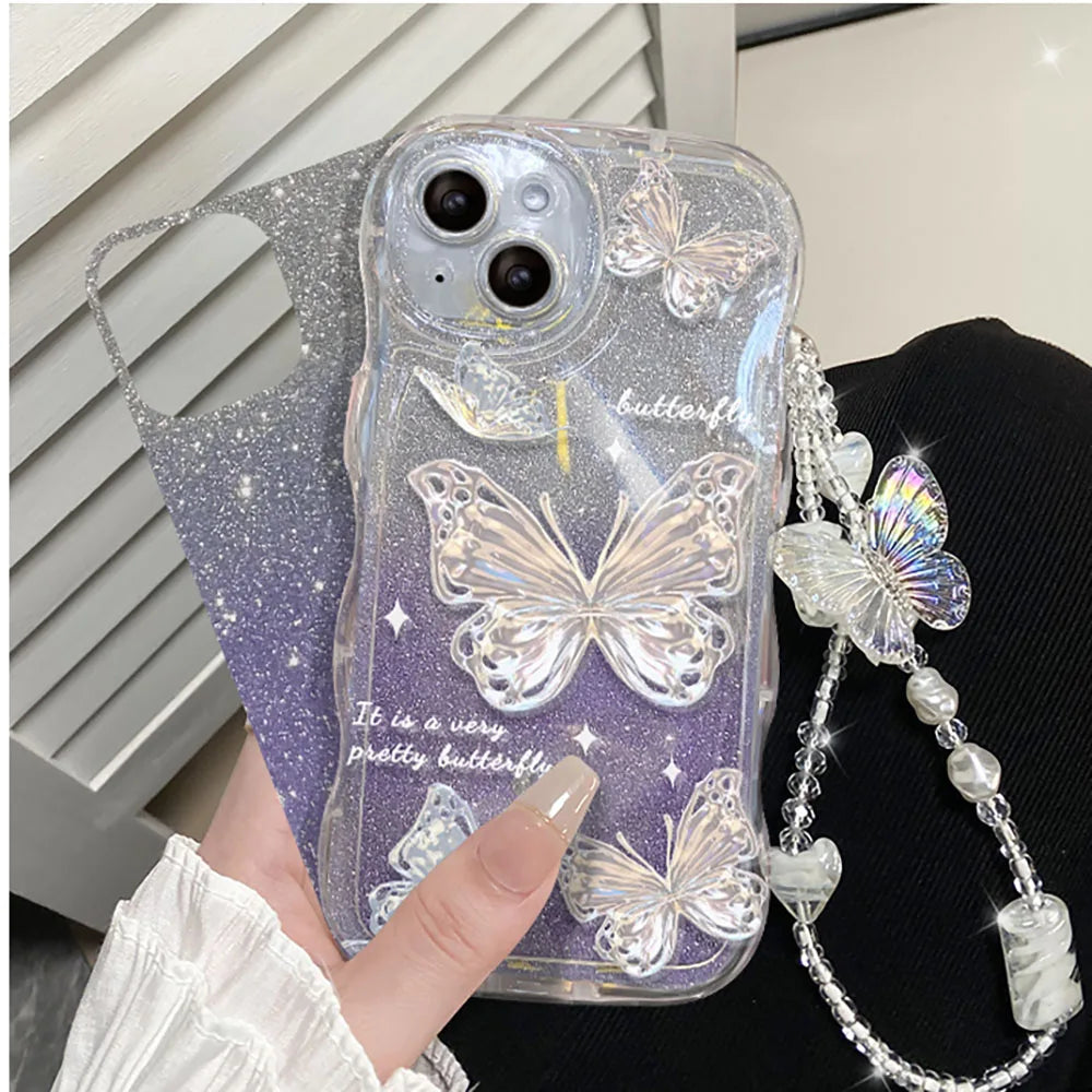 Luxury Butterfly Glitter Clear iPhone Case with Lanyard - Elegant clear case featuring sparkling glitter and a butterfly design, complete with a convenient lanyard for easy carrying and stylish protection.