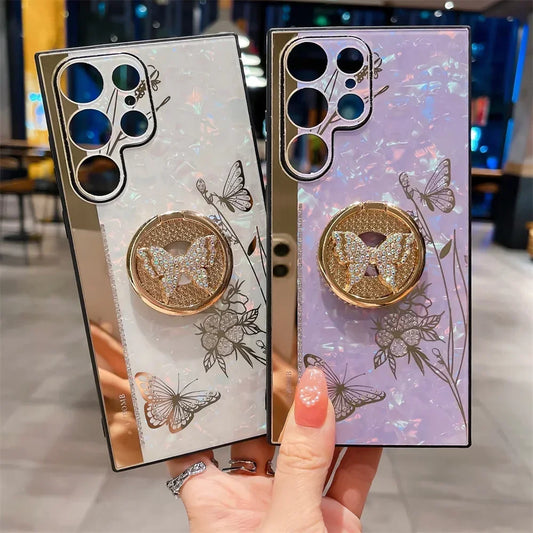 Luxury Butterfly Glitter Ring Silicone Samsung Case - Elegant silicone case with sparkling glitter, butterfly design, and built-in ring stand for stylish protection of Samsung Galaxy phones.