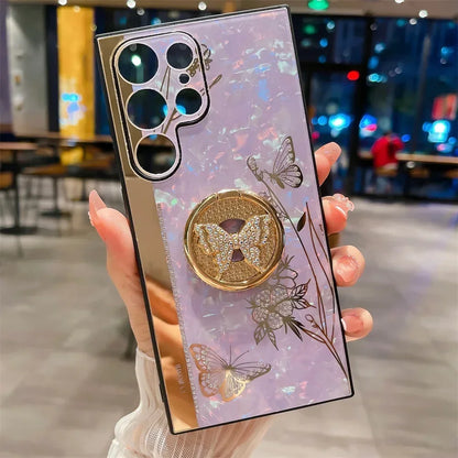 Luxury Butterfly Glitter Ring Silicone Samsung Case - Elegant silicone case with sparkling glitter, butterfly design, and built-in ring stand for stylish protection of Samsung Galaxy phones.