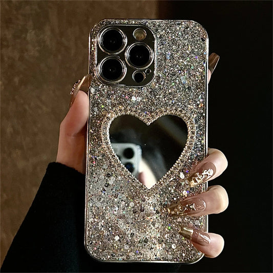 Luxury Glitter Heart Mirror iPhone Case - Stylish protective case with a glitter heart design and built-in mirror, offering elegant style and functionality for your iPhone.