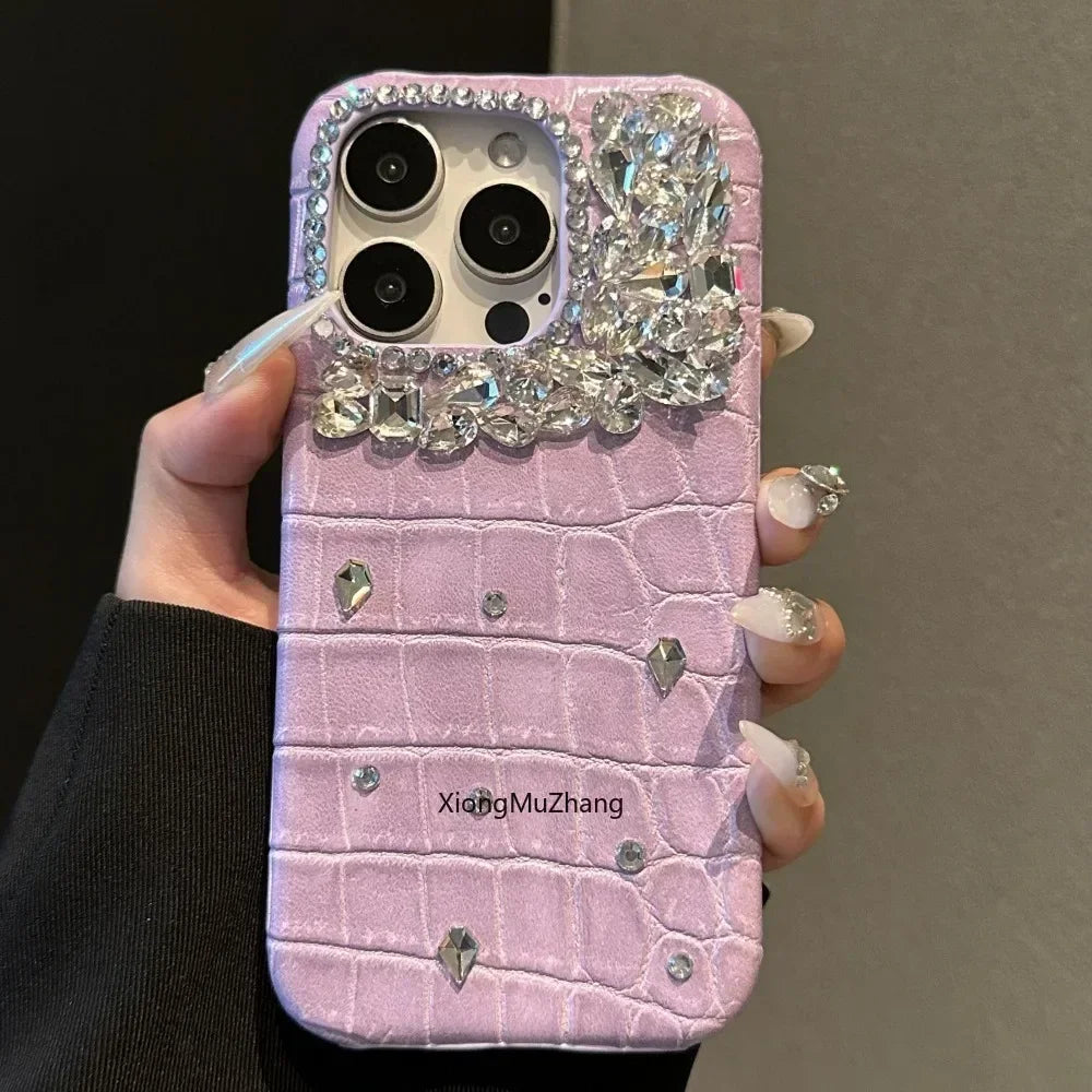 Purple Crocodile Rhinestone iPhone Case - Custom women's cover with luxurious purple crocodile texture, sparkling rhinestone accents, and shockproof protection for a stylish and durable iPhone case.