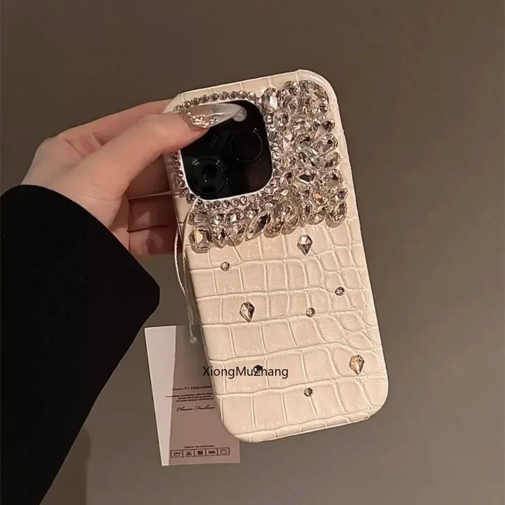 Purple Crocodile Rhinestone iPhone Case - Custom women's cover with luxurious purple crocodile texture, sparkling rhinestone accents, and shockproof protection for a stylish and durable iPhone case.