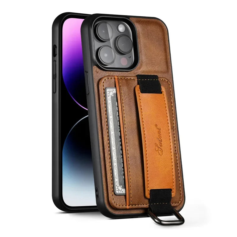 Stylish iPhone case with card holder, PU leather design, and built-in money pocket for convenience and elegance.