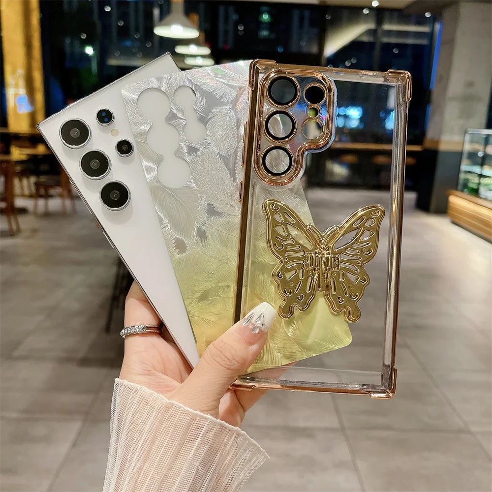 Samsung Feather Butterfly Stand Case - Lightweight protective case with elegant butterfly design, built-in stand for hands-free viewing, and precise cutouts for Samsung devices.