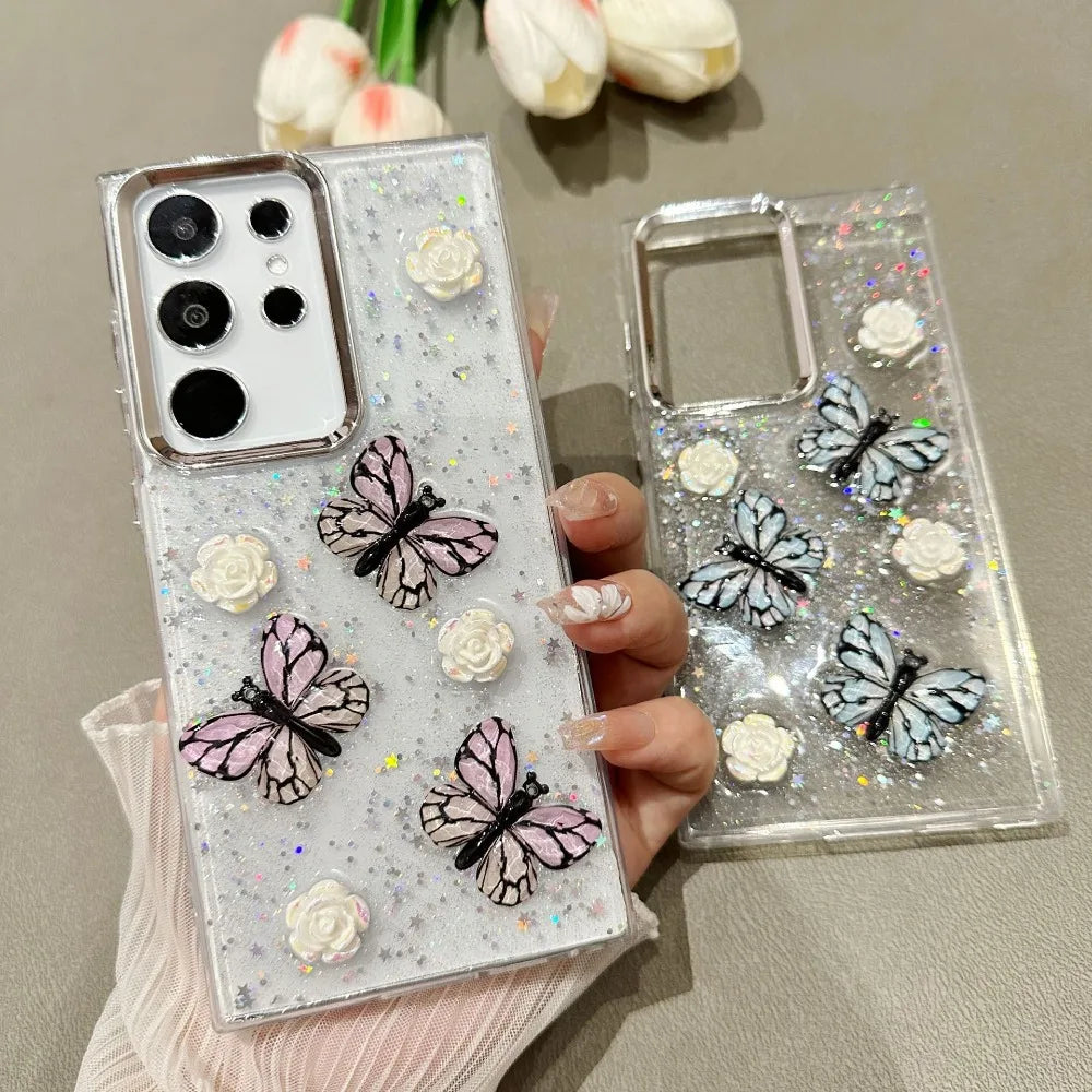 Samsung Glitter 3D Rose Butterfly Clear Case - Stylish transparent case with sparkling glitter, 3D rose and butterfly design, durable protection for Samsung Galaxy phones.