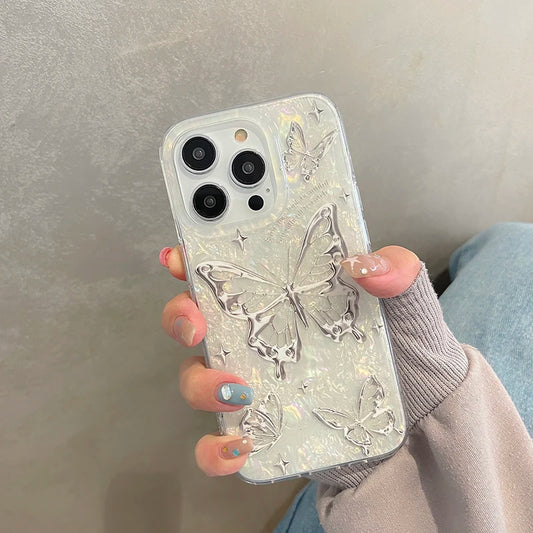 Silver Butterfly Shell iPhone Case - Cute and protective case with a shimmering silver butterfly design, offering durable protection and a stylish look for your iPhone.